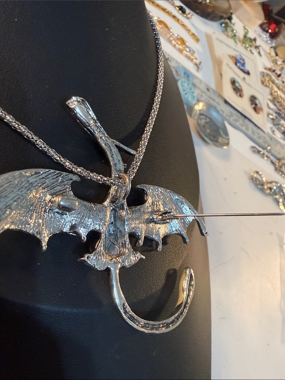 Betsey Johnson Black & Silver Dragon Brooch & Pendant Necklace w/Red accent NWT - Picture 3 of 4